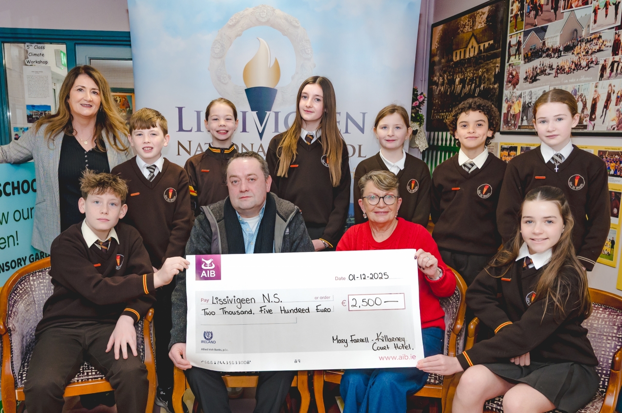 Killarney Court Hotel has donated €2,500 to Lissivigeen National School to support the development of its new sensory garden and inclusive play area. The donation was raised through the hotel’s participation in the national Deposit Return Scheme over the past year, with staff collecting bottles and cans specifically to benefit the project. The sensory garden