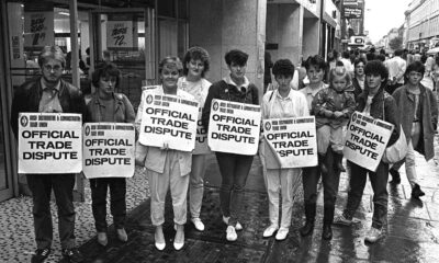 Dunnes Stores Strikers on the picket line in Henry Street Dublin. L to R, Tommy Davis, Cathryn O'Reilly, Sandra Griffin, Mary Manning, Theresa Mooney, Alma Russell, Vonnie Munroe (with her daughter Leah) and Karen Gearon. Photo: Derek Speirs
