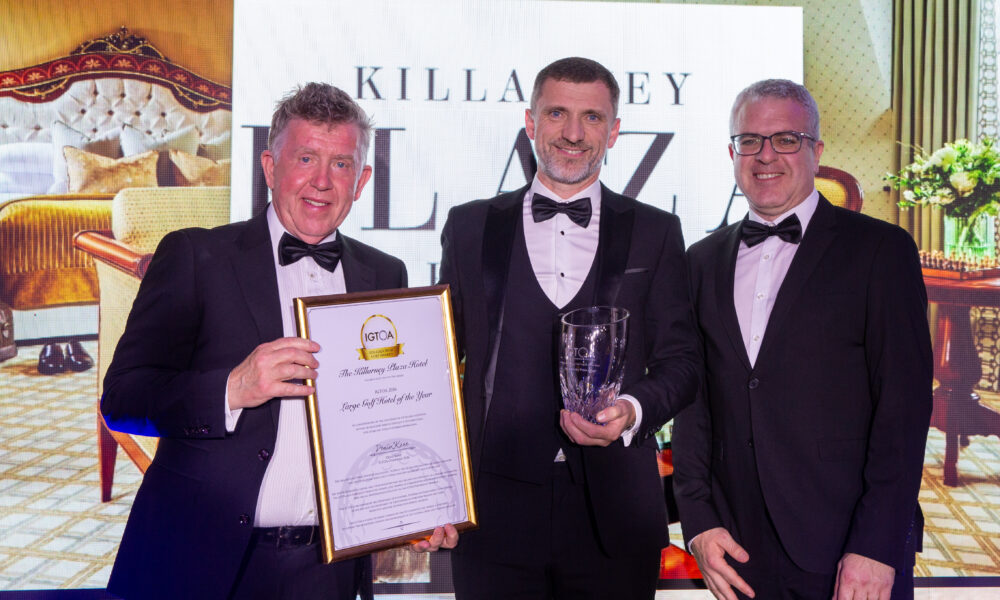 2026 IGTOA Large Golf Hotel of the Year: Killarney Plaza Hotel Accepting the Award was O'Donoghue Ring Collection Group General Manager, Brian Lawlor. Presented by IGTOA Member, Cathal O’Donoghue, Speciality Golf Trips with sponsor John Shortt, MatchPlay Media. Pictured Monday night at the IGTOA Annual Conference & 2026 Gala Irish Golf Awards held in Ballygarry Estate Hotel & Spa, Tralee.