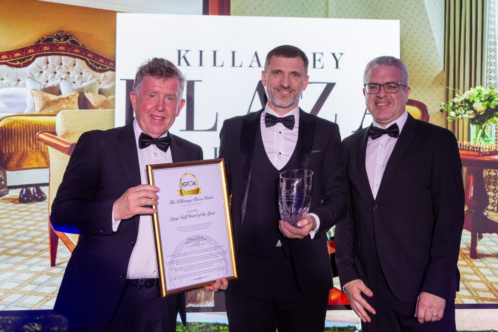2026 IGTOA Large Golf Hotel of the Year: Killarney Plaza Hotel Accepting the Award was O'Donoghue Ring Collection Group General Manager, Brian Lawlor. Presented by IGTOA Member, Cathal O’Donoghue, Speciality Golf Trips with sponsor John Shortt, MatchPlay Media. Pictured Monday night at the IGTOA Annual Conference & 2026 Gala Irish Golf Awards held in Ballygarry Estate Hotel & Spa, Tralee.